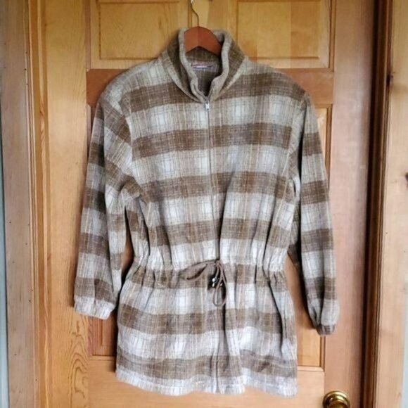 Jaclyn Smith Cinched Soft Brown Plaid Fully Zippered Fleece Sz. S?(2X) Jacket - Picture 2 of 11
